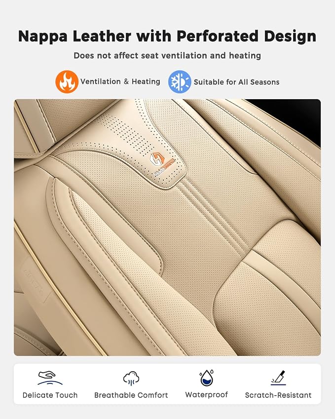Huidasource Beige Back Seat Cover Luxury Nappa Leather, Rear Seat Cover with Velcro Adjustable, Ventilation Holes, Seat Belts, Child Seats, Car Back Seat Covers Fit for Most Cars SUV Trucks, Beige