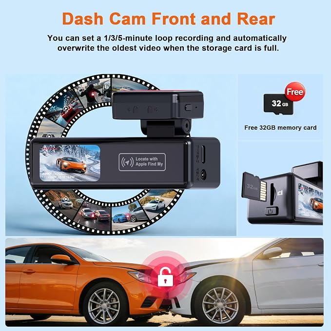 4K Dash Cam Front and Rear,with “Apple Find My” Function, 5.8GHz WiFi Dash Camera for Cars,WDR Night Vision Technology, 170° Wide-Angle Shooting and 24-Hour Parking Monitoring Mode.(V703)