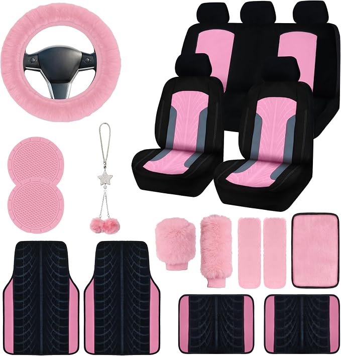 Car Seat Cover Full Set for Women with Floor Mats,3D Air Mesh Car Seat Cover with 5mm Composite Sponge Inside,Universal Fluffy Steering Wheel Cover, Accessories Full (Pink)
