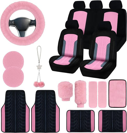 Car Seat Cover Full Set for Women with Floor Mats,3D Air Mesh Car Seat Cover with 5mm Composite Sponge Inside,Universal Fluffy Steering Wheel Cover, Accessories Full (Pink)