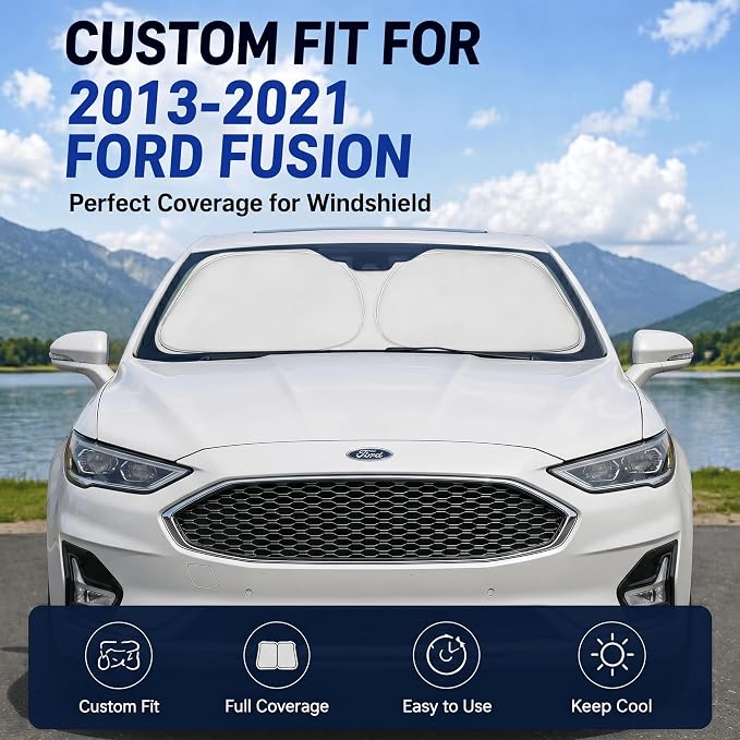Custom Fit Windshield Sun Shade for Ford Fusion 2013-2021 | Custom Fit Windshield Cover, Blocks UV Rays, Double-Layer Heat Shield, Durable Frame, Easy Fold & Storage