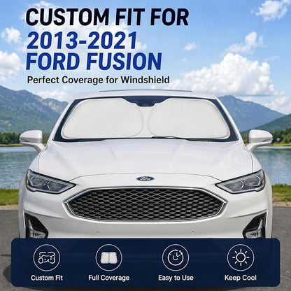 Custom Fit Windshield Sun Shade for Ford Fusion 2013-2021 | Custom Fit Windshield Cover, Blocks UV Rays, Double-Layer Heat Shield, Durable Frame, Easy Fold & Storage