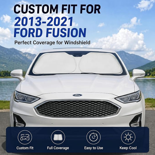 Custom Fit Windshield Sun Shade for Ford Fusion 2013-2021 | Custom Fit Windshield Cover, Blocks UV Rays, Double-Layer Heat Shield, Durable Frame, Easy Fold & Storage