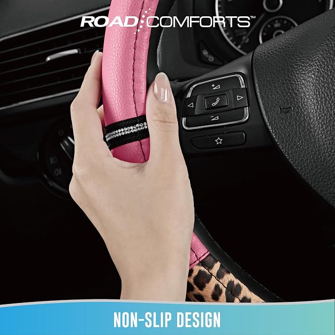 Road Comforts Leopard Steering Wheel Cover for Women, Cute Anti-Slip Microfiber Leather, Universal Fit 14.5-15 Inch Round Steering Wheel - Pink