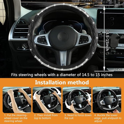 Steering Wheel Cover，with Sparkly Crystal Rhinestone, Delicate and Anti-Slip Bling Steering Wheel Cover ，Adaptable to 14.5-15 inches Car Wheel Protector for Women Girl，Diamond Car Accessories, Black