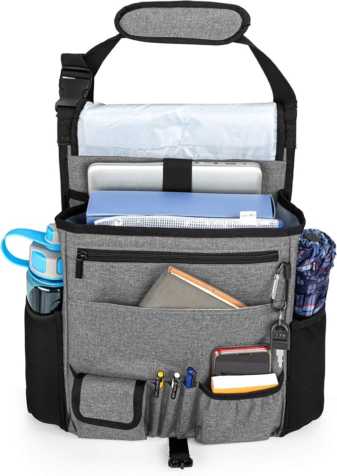 LUXJA Car Front Seat Organizer with Cover and Laptop Sleeve, Car Seat Organizer with Back Adjustable Straps, Gray