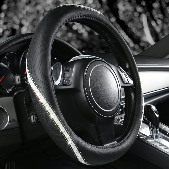 CAR PASS Bling Diamond Black Leather Steering Wheel Cover, Studded Crystal Rhinestones Universal Fit 14" 1/2-15" Glitter for Women Sparkle Girl Fit Suvs,Vans,Sedans,Car,Trucks, Multicolor Diamond