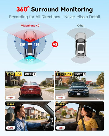REDTIGER VP40 4 Channel 360° View Dash Cam, Dual STARVIS 2, 2.5K*2+1080P*2 Dashcam Front and Rear Inside Left Right, 5.8GHz WiFi, 8 IR Lights Night Vision, 4 Adjustable Lenses (No Card Included)