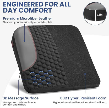 Car Seat Cushion for Driving, Driver Seat Pad with Honeycomb Message Dots - Ergonomic Auto Car Seat Pillow for Long Drives, Office Chair, Truck, Wheelchair - Coccyx & Lower Back Pain Relief - Black