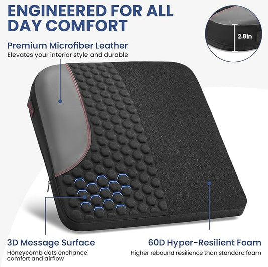 Car Seat Cushion for Driving, Driver Seat Pad with Honeycomb Message Dots - Ergonomic Auto Car Seat Pillow for Long Drives, Office Chair, Truck, Wheelchair - Coccyx & Lower Back Pain Relief - Black