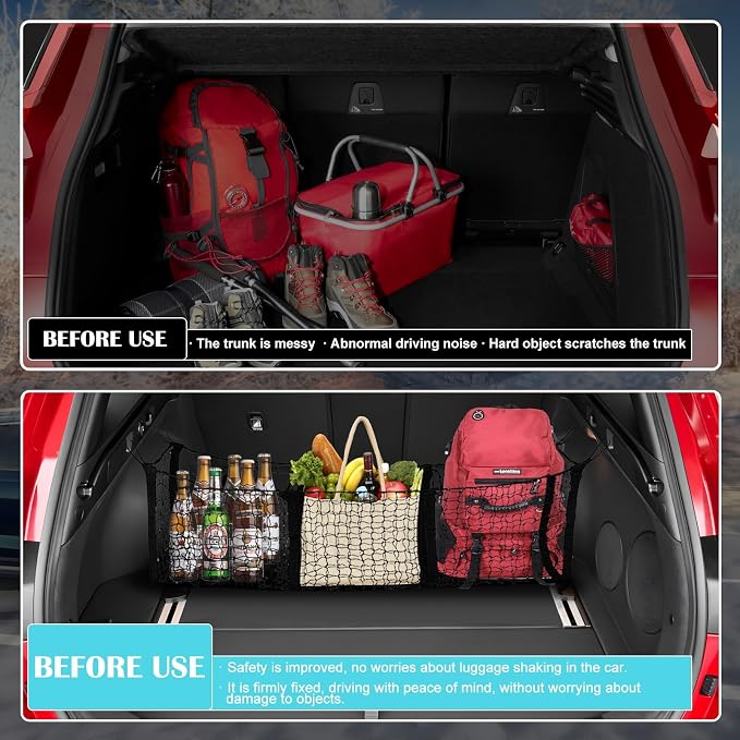 Cargo Net for Car, Expandable 3 Pocket Heavy-Duty Cargo Net Organizer, Black Mesh Storage Pocket with 4 Metal Carabiners Universal for Car, SUV, Pickup Truck, Van Trunk Bed- 47.2” x 11.8”