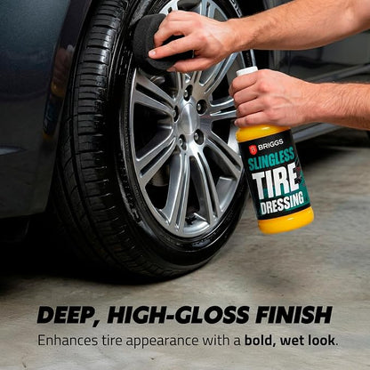 Briggs Slingless Tire Dressing – High Gloss Tire Shine Spray, Sling-Free Wet Look Finish for Tires, Rubber Moldings & Exterior Trim, Solvent-Based Formula – 128oz