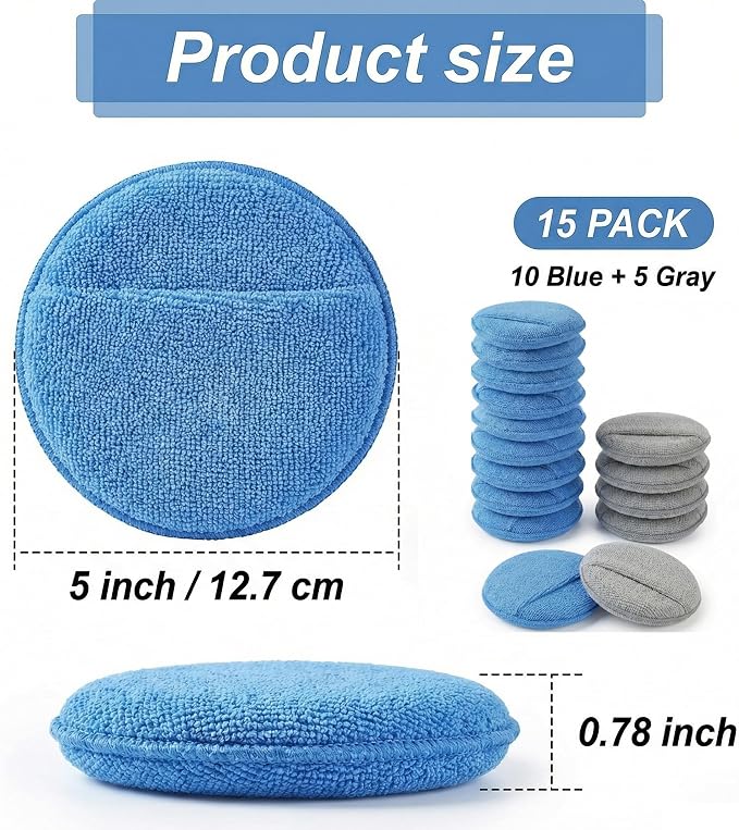 Wax Applicator Pad (15 Pack)，5 Inch Microfiber Wax Applicator Pads，Washable Reusable Car Wax Applicator Buffing Pads for Car Cleaning, Polishing and Detailing（10 Blue and 5 Gray）