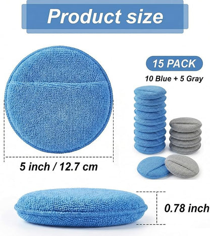 Wax Applicator Pad (15 Pack)，5 Inch Microfiber Wax Applicator Pads，Washable Reusable Car Wax Applicator Buffing Pads for Car Cleaning, Polishing and Detailing（10 Blue and 5 Gray）