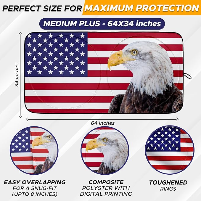 EcoNour 240T Windshield Sun Shade – American Flag & Bald Eagle – UV & Heat Protection for Cars, Interior Cool Trucks, SUVs – Foldable Reflective Sun Visor (64" x 34")