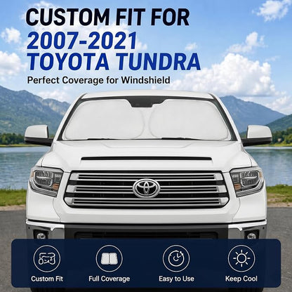 Custom Fit Windshield Sun Shade for Toyota Tundra 2007-2021 | Custom Fit Windshield Cover, Blocks UV Rays, Double-Layer Heat Shield, Durable Frame, Easy Fold & Storage
