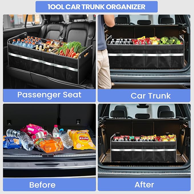 winhunt Car Trunk Organizer, Car Storage Organizer, Collapsible Multi Compartment for Car, Suv, Sedan, Truck, 100L, Extra Larger (Black, 100L)