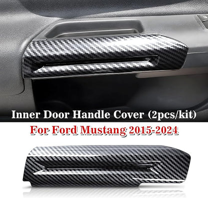 Car Inner Door Handle Trim Cover fits for Ford Mustang 2015-2024, Carbon Fiber Door Handrail Handle Protector for Mustang Interior Decoration Accessories,2Pcs Kit (Black Carbon Fiber)