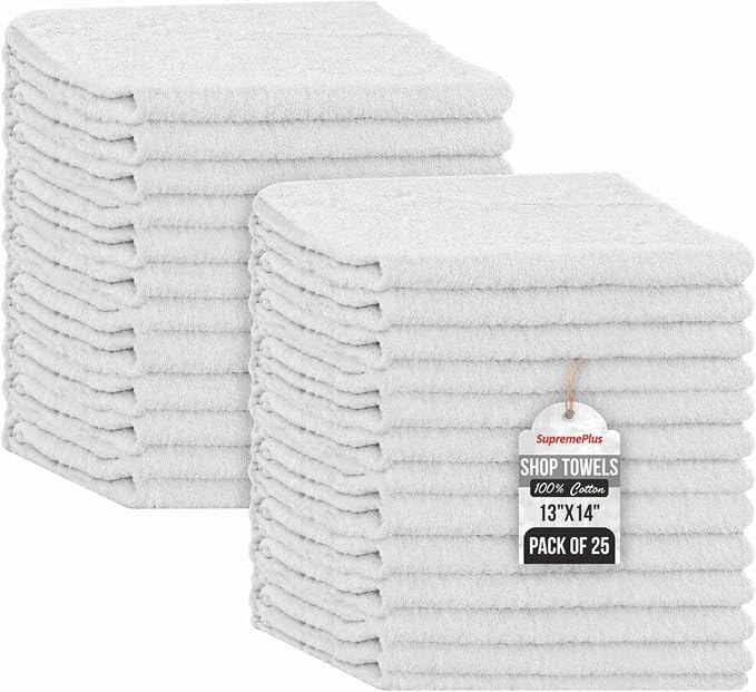 Shop Towels (White, 25-Pack) - Bulk Cleaning Towel in a Bag, Mechanic Cotton Wipes for Car Maintenance, Auto Mechanics & Garage, Wipe Grease & Oil, Machine Wash & Reusable