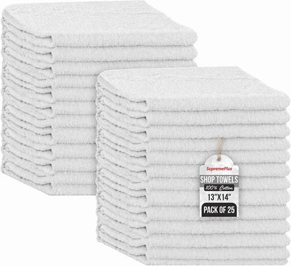 Shop Towels (White, 25-Pack) - Bulk Cleaning Towel in a Bag, Mechanic Cotton Wipes for Car Maintenance, Auto Mechanics & Garage, Wipe Grease & Oil, Machine Wash & Reusable