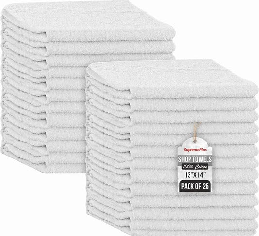 Shop Towels (White, 25-Pack) - Bulk Cleaning Towel in a Bag, Mechanic Cotton Wipes for Car Maintenance, Auto Mechanics & Garage, Wipe Grease & Oil, Machine Wash & Reusable