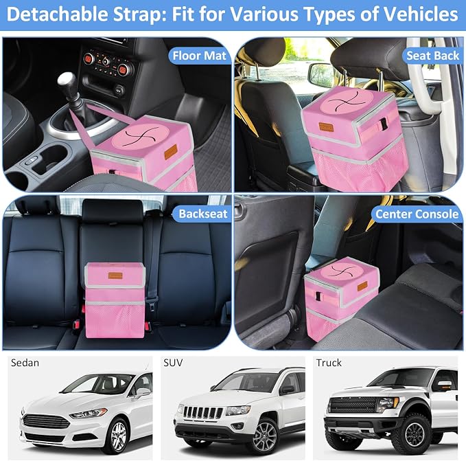 ELONGRIVER Car Trash Can for SUVs, Trucks, Vans - Pink, 2 Gallons Capacity, Leak-Proof Liner, Utility Clasps, Cute Design