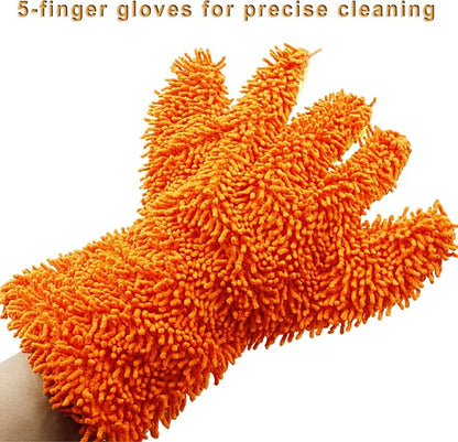 BokWin 2-Pack Car Wash Mitt Scratch Free, 5-Finger Microfiber Wash Mitts, Car Interior Exterior Cleaning Gloves, Auto Chenille Washing Sponge Kits for Cleaning Wheel Tight Spot(Orange)