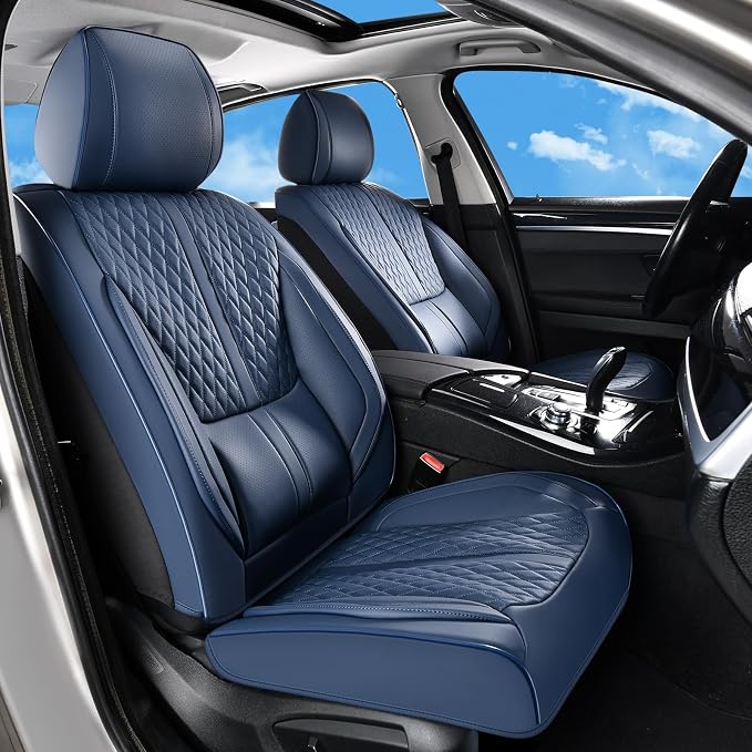 Huidasource Blue Seat Covers, Luxury Nappa Leather Car Seat Covers with Velcro Adjustable, Airbag, Lumbar Support, Cooling＆Heating, Seat Covers for Trucks Universal Fit for Most Cars SUV Trucks Blue