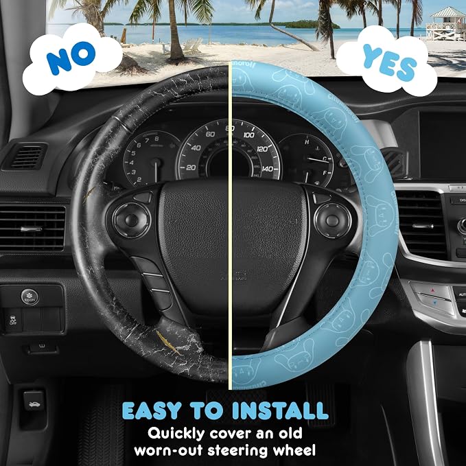 Cinnamoroll Steering Wheel Cover, Official Sanrio Car Steering Wheel Cover with Universal Size 14.5-15.5, Cute Blue for Women, Cinnamoroll Car Accessories (Cinnamoroll Blue Monogram)