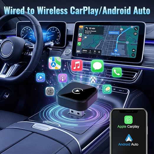 2 in 1 CarPlay Android Auto Adapter Mini USB for iPhone iOS10+ Android11+ | Mini USB Compact Design, Stable Smooth Connection, Plug and Play Easy Connection, All-in-one Car Multimedia Adapter