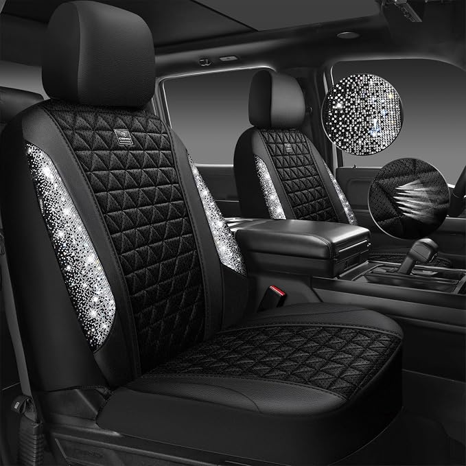 CAR PASS 3D Air Mesh Seat Covers for Cars, Bling Diamond Leather Foam Car Seat Covers for 2 Front Interior Sets, Automotive seat Covers Universal Fit Truck SUV Cute Women Girl, Black Silver Rhinestone