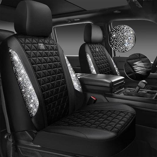 CAR PASS 3D Air Mesh Seat Covers for Cars, Bling Diamond Leather Foam Car Seat Covers for 2 Front Interior Sets, Automotive seat Covers Universal Fit Truck SUV Cute Women Girl, Black Silver Rhinestone