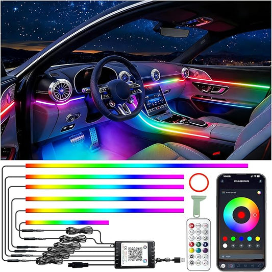 RGB-IC 6 in 1 Car Led Strip Lights, Interior Car Lights, App and Remote Control Ambient Lighting Kit with 16 Million Colors Fiber Optics&Music Sync Rhythm, USB Neon Light Accessories for Console&Door