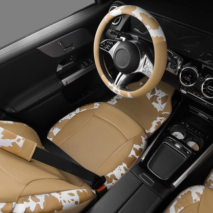CAR PASS Cow Print Faux Leather Car Seat Covers & Cow Car Mats & Cow Steering Wheel Cover Seat Belt Pads Universal fit for SUV,Van,Saden,Truck Cute Car Accessories Automobile Interior Sets All Beige