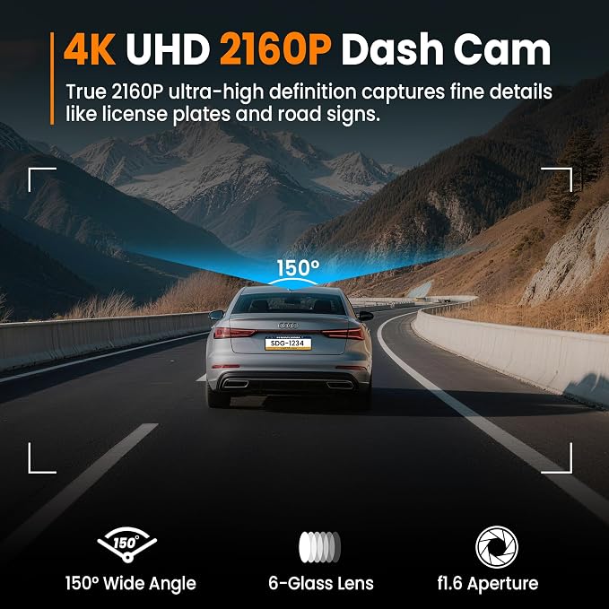 4K Dash Cam Front with Built-in WiFi, Dash Camera for Cars, 32GB Card Included, Super Night Vision Dash Camera, Loop Recording Car Camera, G-Sensor, 24H Parking Monitor, Supports Up to 256GB