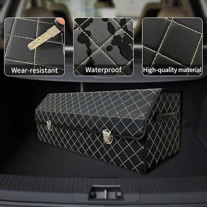 Car Trunk Organizer with Lid,Foldable Faux Leather Cargo Storage Box,3 Compartments,Collapsible Multi-Functional for SUV,Sedan,Vehicle Trunk