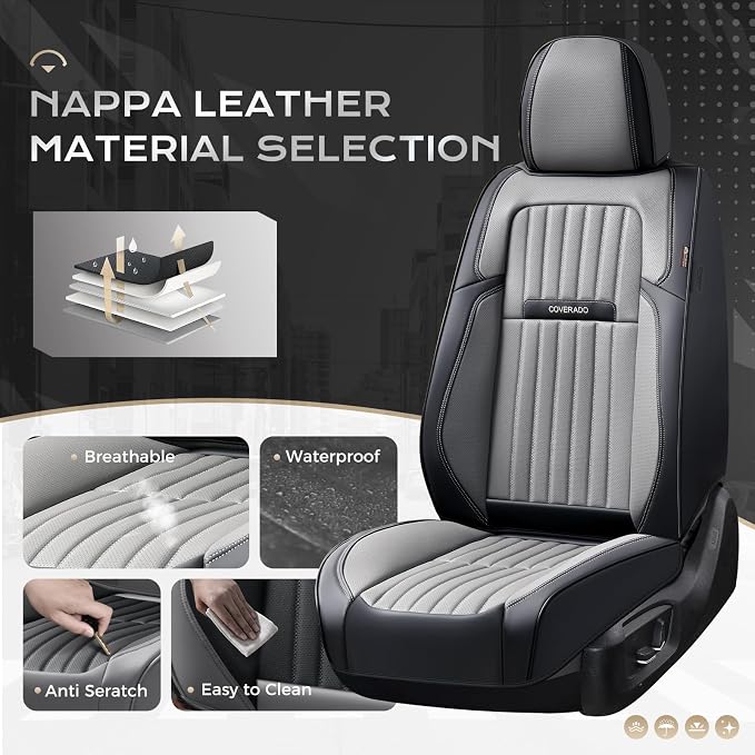 Coverado Car Seat Covers Front Seats, Seat Covers for Cars, Car Seat Protector, 2-Pack Car Seat Cushion Nappa Leather, Waterproof Seat Covers Carseat Cover Universal Fit for Most Cars(Black&Gray)