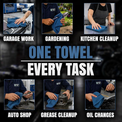 Shop Towels (Blue, 150-Pack) - Bulk Cleaning Towel in a Bag, Mechanic Cotton Wipes for Car Maintenance, Auto Mechanics & Garage, Wipe Grease & Oil, Machine Wash & Reusable