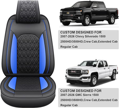 JOJOBAY Chevy Silverado Seat Covers,Leather Seat Covers for GMC Sierra,Custom Fit 2007-2026 1500 2500HD 3500HD Crew Double Extended Regular Cab,LT LZT RST(Full Set,Black Blue)