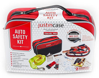 Justin Case Travel Pro Emergency Roadside Kit - Compact Car Safety Set with Jumper Cables, Tow Strap, Flashlight, Gloves, First Aid Kit & 1-Year Free Roadside Assistance