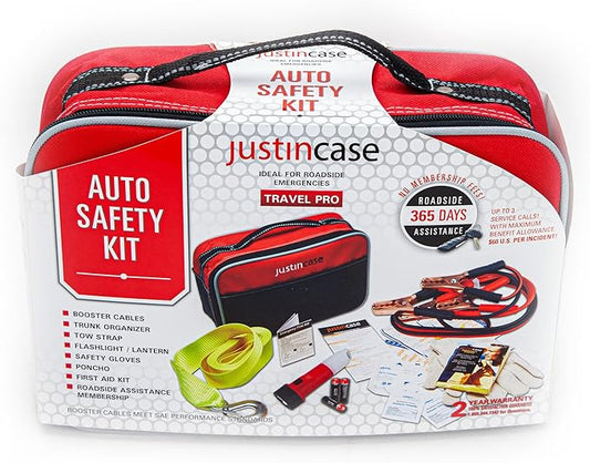 Justin Case Travel Pro Emergency Roadside Kit - Compact Car Safety Set with Jumper Cables, Tow Strap, Flashlight, Gloves, First Aid Kit & 1-Year Free Roadside Assistance