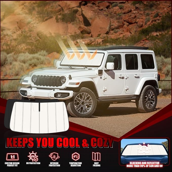Windshield Sun Shade for Jeep Gladiator(JT) 2020-2026/Wrangler JL 2018-2026, Front Window Visor Accessories, Folding Design Blocks Heat & UV Rays Maintain Cool Interior and Save Space