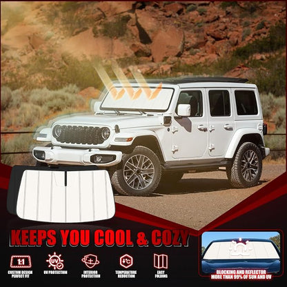 Windshield Sun Shade for Jeep Gladiator(JT) 2020-2026/Wrangler JL 2018-2026, Front Window Visor Accessories, Folding Design Blocks Heat & UV Rays Maintain Cool Interior and Save Space