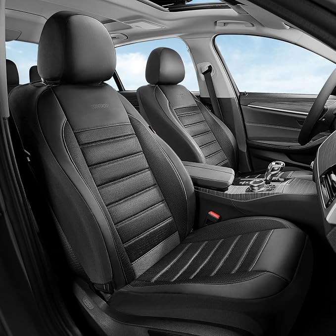 Coverado Car Seat Covers Full Set, Luxury Leather Car Seat Covers, Automotive Front and Rear Mesh Seat Covers, Full Set 5 Seats, Black Seat Covers for SUV Sedan Truck