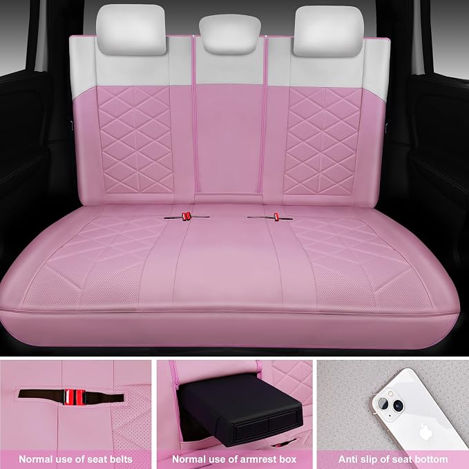 CAR PASS Memory Foam Leather Seat Covers Full Set, Breathable Luxury Perforated Nappa Leather Seat Covers Universal Fit for Car,SUV,Truck Seat Covers Thick 3D Foam Comfort,Airbag Compatible Pink White