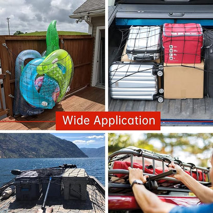 3'x4'Roof Rack Cargo Net， Mesh Bungee Net Stretches to 6'x8' for Rooftop Cargo Basket|12 Metal Carabiners + 12 Hooks Holds Loads Tighter