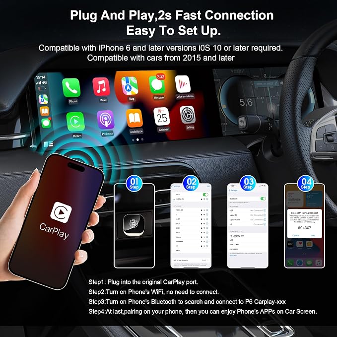 2025 Upgraded Wireless Carplay Adapter for iPhone, Plug&Play Auto-Connected Carplay Wireless Adapter Stable Fit for Cars-No Latency, BT5.3 CarPlay Dongle for Apple iPhone iOS 10+,Silver
