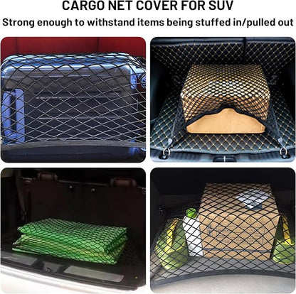 Elastic Cargo Net for SUV, Net Stretchable 31.2" x 24" Stretch to 62.4" x 48", Rear Trunk Bed Netting Cover, Fixing Hooks D-Rings Luggage Cover