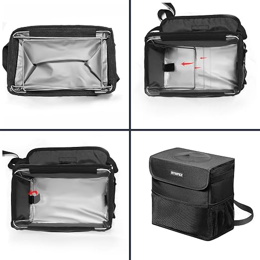 Ryhpez Car Trash Can with Lid - Car Accessories for Women Men, Vehicle Trash Bin Storage Bag, Truck Garbage Can Foldable with Metal Rack Support for Back Seat Hanging (2.4 Gallon/9L)