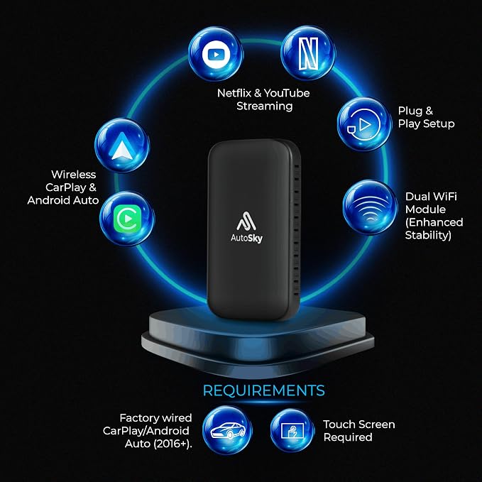 AUTOSKY LITE Box Dual Plus 2026 – Wireless CarPlay & Android Auto Adapter – Dual WiFi Module – Netflix & YouTube Support – Stable Connection, No Reconnect Needed